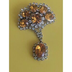 Vintage Amber Rhinestone & Cubic Zirconia Brooch 3" long x 1.75" wide